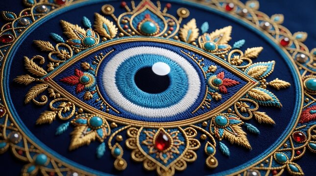 Detailed embroidery of blue evil eye symbol on dark fabric. Ornate gold thread ornament with turquoise gems, colorful patterns. Traditional talisman design for protection, luck. Mystic ethnic textile