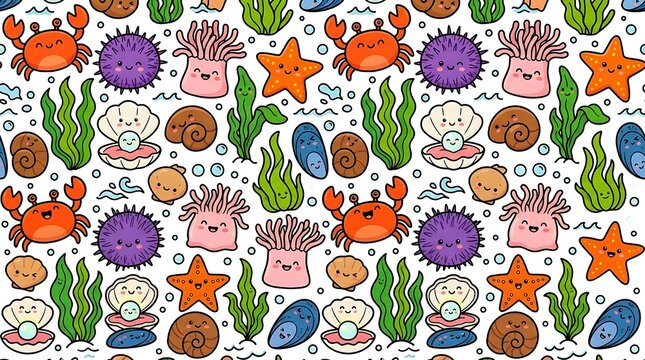 Seamless pattern with cute cartoon sea creatures and aquatic plants on a white background with clams smiling faces among green seaweed clean white backdrop