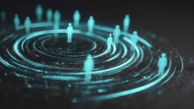 Futuristic digital social network glowing blue human icons, abstract data communication structure, cyber technology global audience reach concept