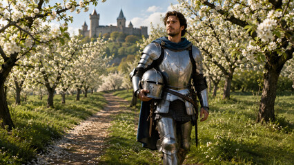 Fototapeta premium Knight in shining armor walking through a spring garden in blossom. Man wearing medieval soldier gear with helmet near an ancient castle. Fantasy history tale and heroic adventure.