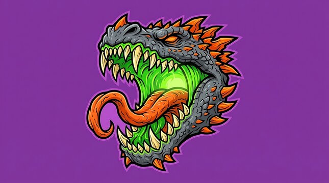 Illustration of a fierce dragon head with an open mouth and long tongue on purple background with bright green glowing mouth against solid purple backdrop