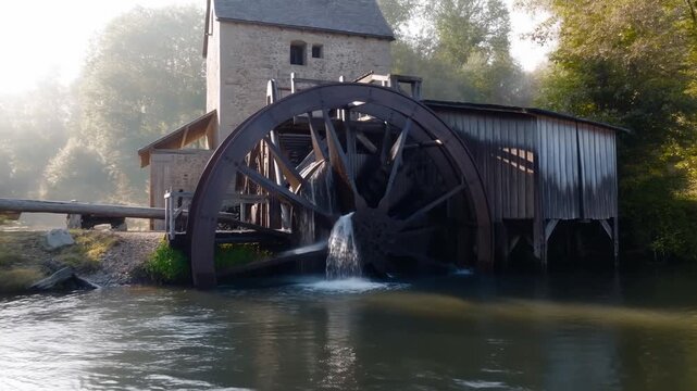 Historic water mill and large wheel beside river in a sunlit wooded setting
