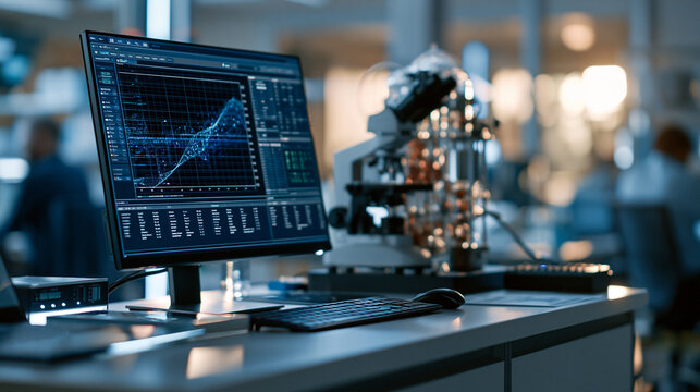 quantum computing laboratory workstation with data visualization monitor and cryogenic hardware at bright modern research facility clean organized interior soft natural light