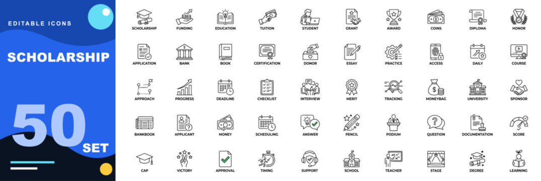 Scholarship Funding icon set. Scholarship, funding, education, tuition, student, grant, award, coins, diploma, medal, application, bank. Editable icons collection. Vector.