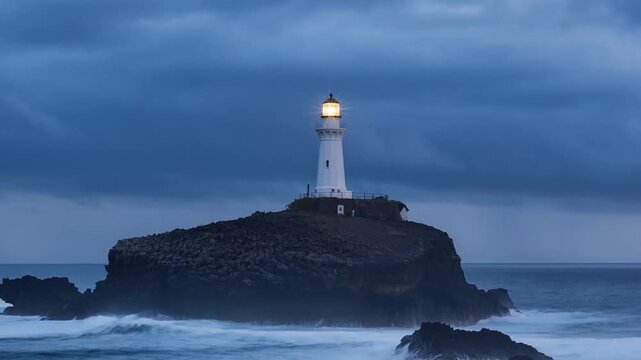 White lighthouse on rocky sea island beneath storm clouds and rough ocean waves