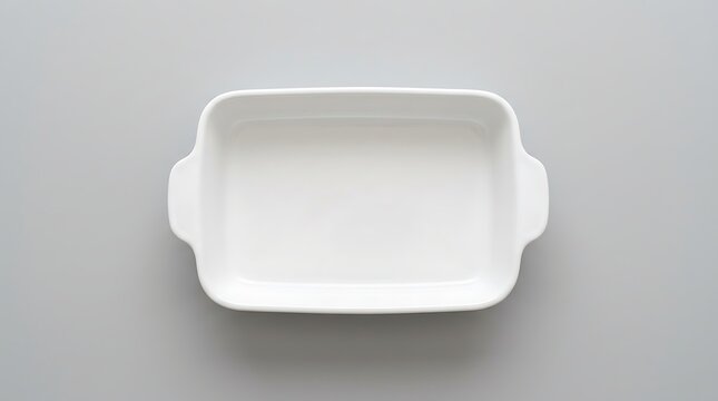 Empty white rectangular ceramic baking dish centered on a flat neutral light gray background surface with rectangularity kitchenware