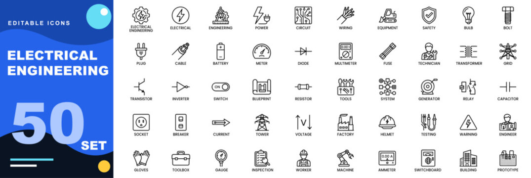 Electrical Engineering icon set. Electrical, engineering, power, circuit, wiring, equipment, safety, bulb, bolt, plug, cable, battery. Editable icons collection. Vector.