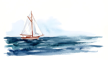 Fototapeta premium Watercolor Painting of Sailboat Sailing on Sea Waves