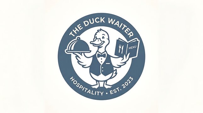 Circular logo featuring a cartoon duck dressed as a waiter holding a food tray with design stylized cartoon platter open restaurant