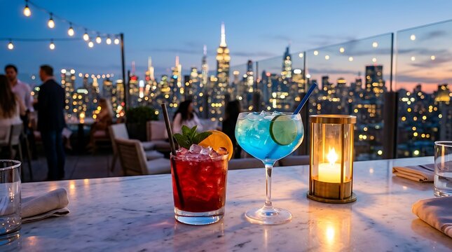 Two colorful cocktails on a marble bar counter at a rooftop lounge with city skyline with lounge overlooking glowing table outdoor rooftop