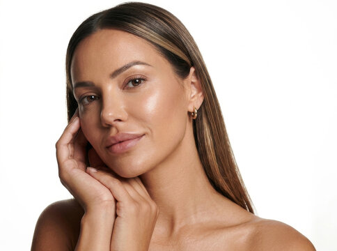 Beauty portrait of a woman with glowing skin and gold earrings, hands resting on face.