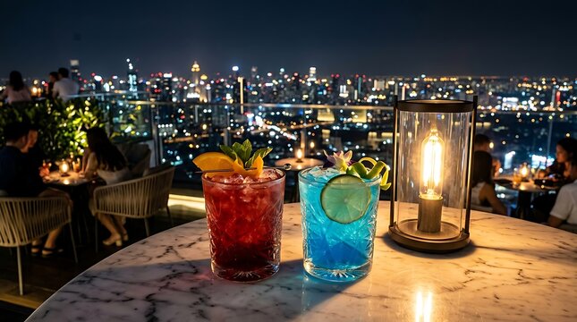 Two colorful cocktails on a marble table at a rooftop bar overlooking city lights at night with refreshing cocktails fruit glowing lantern outdoor