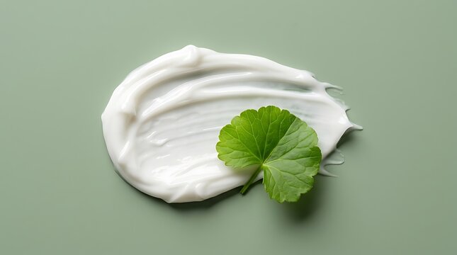 A smear of white cosmetic cream with a single green leaf on a light green background with positioned top product smear placed solid