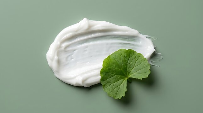 A smear of white cosmetic cream with a green leaf on a light green background with surface next single cream sits moisturizer dermatology