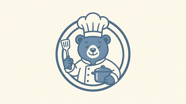 A line art illustration of a cute bear wearing a chef hat and holding a cooking pot with holding kitchen utensils utensils inside circular