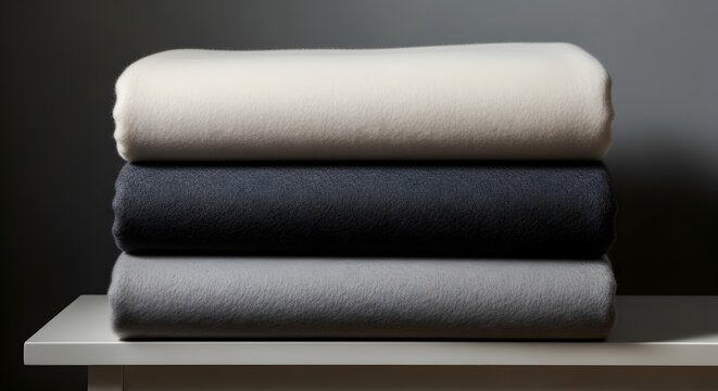 A stack of folded soft blankets in neutral colors resting on a wooden surface against a dark background