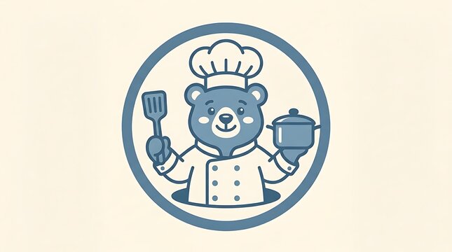 A cute cartoon bear wearing a chef hat and uniform holding a spatula with stylized illustration friendly frame light background cooking spatula metal