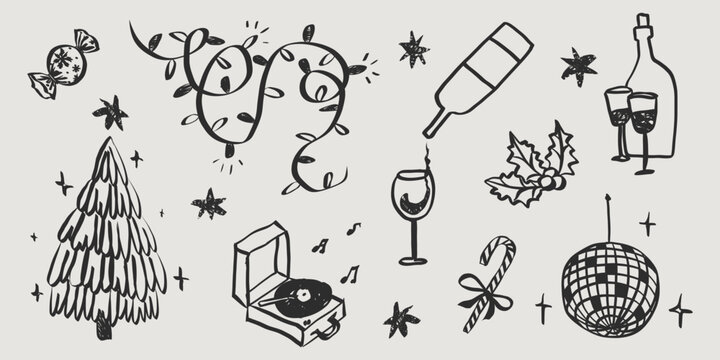 Whimsical Christmas party illustration featuring hand-sketched doodle icons of wine, champagne and xmas quirky elements in charming vintage style for holiday greeting cards. Vector illustration.