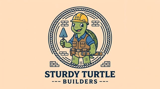 Cartoon turtle wearing a construction hard hat and holding a trowel in a circular logo design with patterns light background dressed builder holding