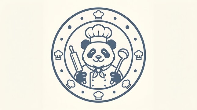 A circular logo design featuring a cartoon panda dressed as a professional chef holding kitchen utensils in a frame with within decorative border