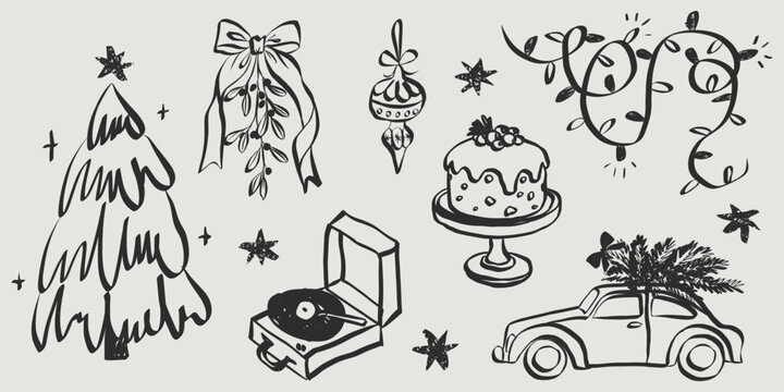 Whimsical Christmas party doodles featuring wine, champagne, xmas quirky elements in charming hand-drawn vintage style for holiday menus and invitations.