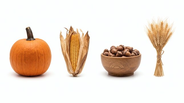 A vibrant orange pumpkin, an ear of dried corn, a wooden bowl of acorns, and a bundle of wheat stalks are arranged on a clean white background, showcasing a variety of autumn harvest items.