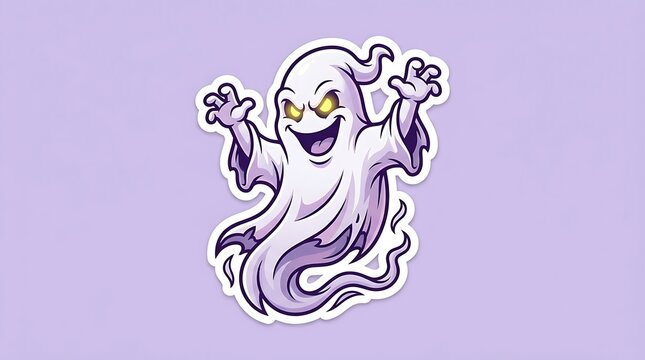 Cartoon ghost with glowing eyes and raised hands floating against a plain light purple background with mischievous expression glowing