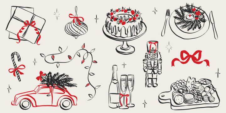 Retro doodles of Christmas party. Vintage new year icons dinner meals in chalk and crayon drawing. Xmas party elements for poster and greeting cards. Handwriting holiday vector illustration