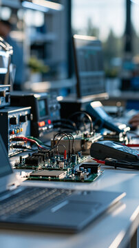 electronics lab workstation with blank circuit boards and testing equipment arranged on bright clean bench soft natural light organized workspace bright electronics lab