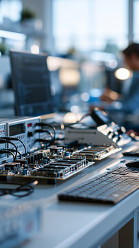 electronics lab workstation with blank circuit boards and testing equipment arranged on bright clean bench soft natural light organized workspace bright electronics lab