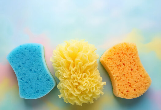Cleaning and hygiene products, colorful sponges and loofah for bath and kitchen, household chores and self care