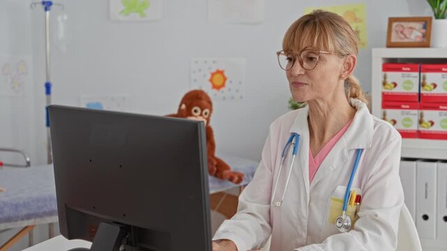 Woman doctor typing at computer in medical building, wearing labcoat and stethoscope while consulting records with toy monkey on shelf; calm care.