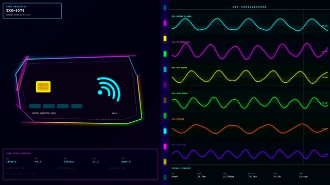 A digital contactless payment interface display showing oscillating wave patterns and transaction flow data in a dark room setting with glowing neon graphic user interface elements