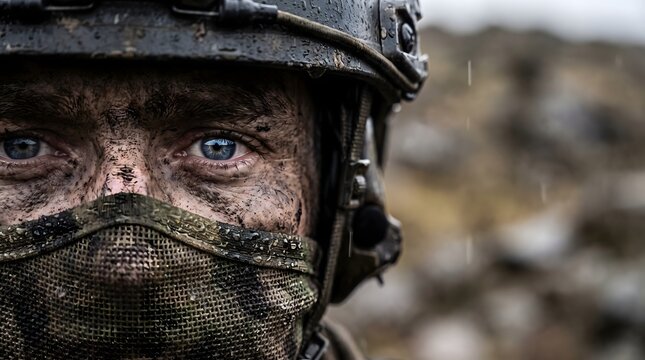 Close-up portrait of a determined soldier with mud on his face wearing a military helmet and camouflage mask in a rugged outdoor war zone environment