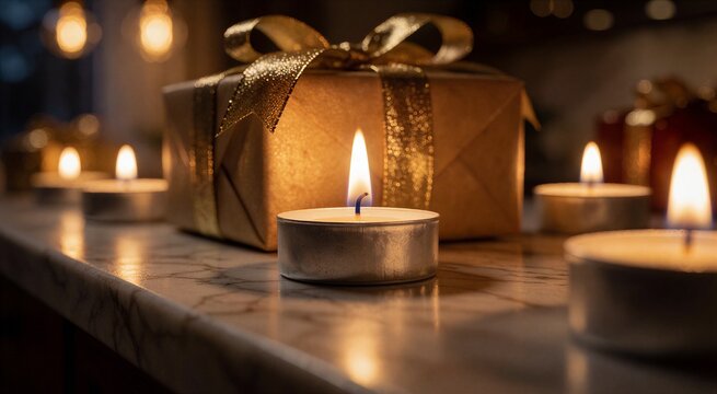 Intimate close-up of a flickering tealight candle illuminating a golden wrapped gift on a marble counter, perfect for Christmas celebration themes.