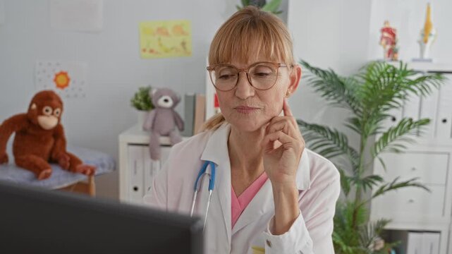 Woman doctor middle age blonde with glasses and stethoscope viewing computer monitor, chin resting on hand in pediatric clinic with toys; concern.