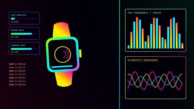 Contactless payment interface displayed on a futuristic wearable device with neon colorful data analytics and oscillating waves fluctuating on a dark black digital screen display