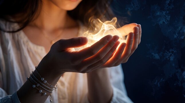 Close up of female hands holding warm glowing light in dark room. Woman wearing jewelry feels magic energy soul spark. Spiritual concept shows hope, faith, miracle through bright golden flame between