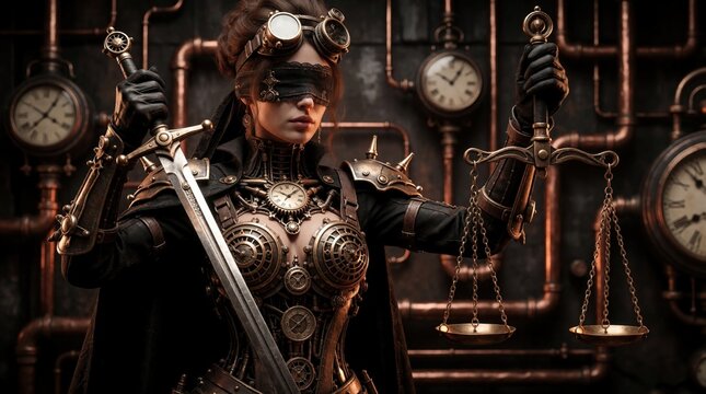 Steampunk woman blindfolded holds sword and scales of justice. Clockwork armor, goggles on forehead, metal pipes and clocks in background. She stands ready.