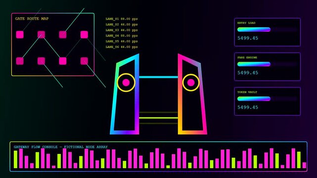 A futuristic contactless payment interface displays glowing neon node arrays with fluctuating digital bar charts as data metrics cycle through vibrant spectrums of violet and cyan light