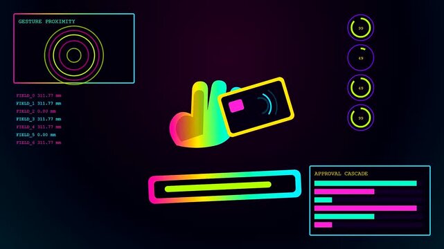 Contactless payment interface displays progress bars and glowing circular sensors over a stylized rainbow digital hand holding a card in this modern motion graphics video sequence