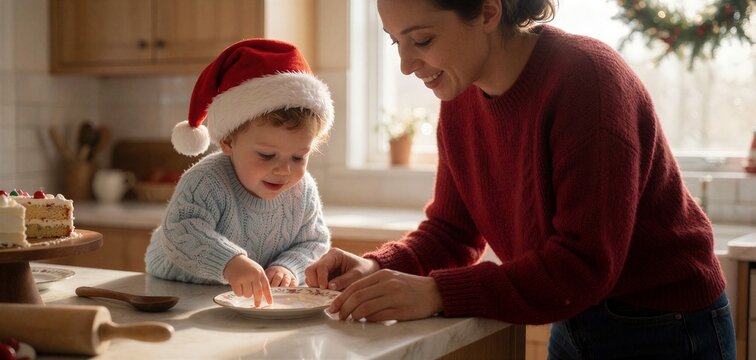 Toddler and mother sharing Christmas dessert in a warm kitchen setting, capturing a moment of sweet anticipation and holiday joy.