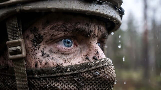 Close up portrait of a male soldier with intense blue eyes covered in mud and dirt wearing a tactical helmet and mesh face mask during military training exercise in the rain