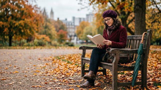 Woman reading a book on a park bench in autumn. Poet immersed in literature among fallen leaves, urban nature and quiet seasonal reflection. Lifestyle concept for publishing and education