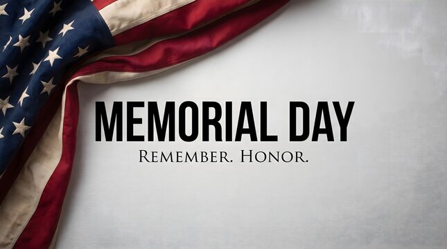 Memorial Day background with draped American flag on grey textured surface, patriotic holiday banner for remembrance, honoring military veterans and national service