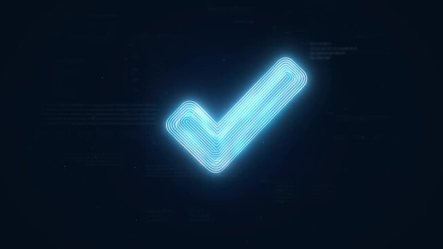 Glowing blue check mark over dark digital background with faint data interface