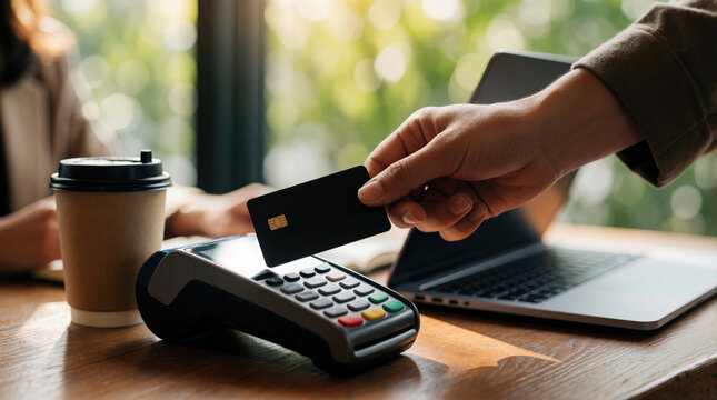 Person uses contactless credit card payment at cafe terminal. Customer taps card near reader. Coffee cup and laptop nearby. Transaction complete for purchase.