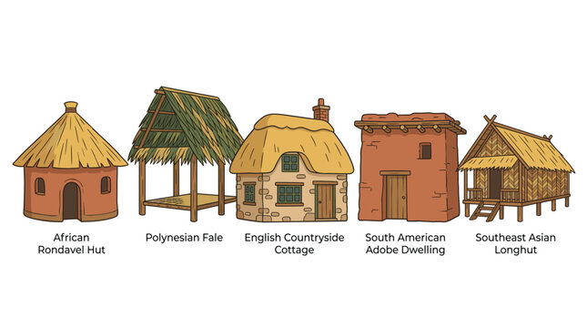 A collection of five traditional global dwellings including an african rondavel, polynesian fale, and english cottage, on white background