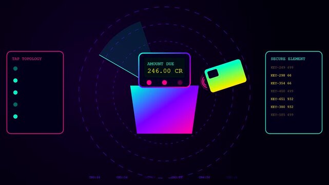 A secure contactless payment system displays changing monetary values while scanning a credit card icon on a dark digital interface showing grid lines and status updates