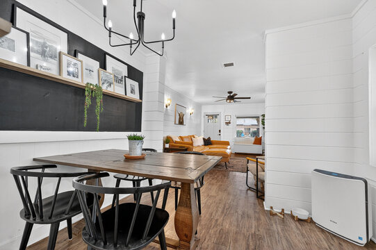 stylish countryside dining and work zone featuring classic furnishings and minimalist design